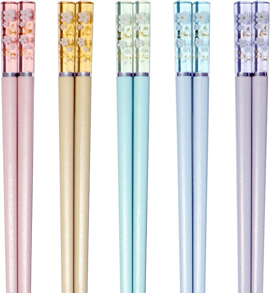 5 Pairs Amber Cherry Blossom Pattern Decoration Multicolor Fiberglass Chopsticks Japanese Korean Chopsticks Reusable Dishwasher Safe Yellow Pink Blue Green Purple