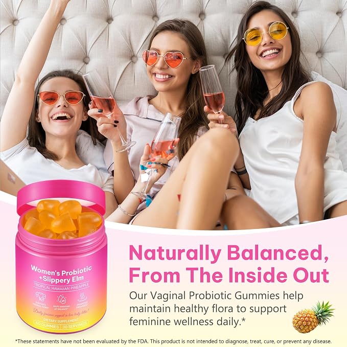 Feminine Probiotics Gummies,Vaginal Women Probiotic,Feminine Balance pH Gummies for Healthy Odor,Improve Immune,Support Vaginal Health,with Slippery Elm(60 Gummies)
