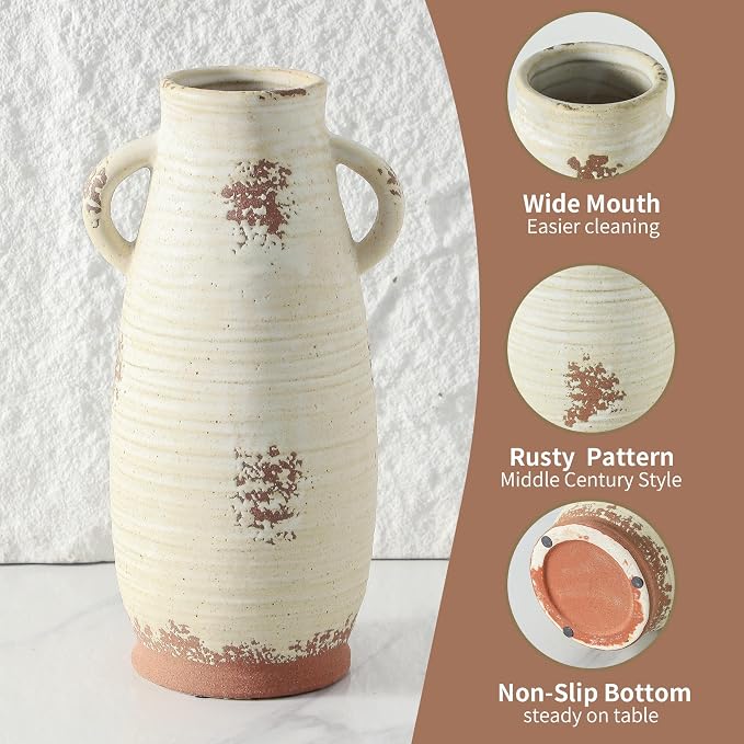 Ceramic Flower Vase with Handles, 12.3 Inch Tall Vase for Centerpieces, Large Decorative Terracotta Vases, Farmhouse Rustic Vases for Home Decor, Living Room, Table, Neutral