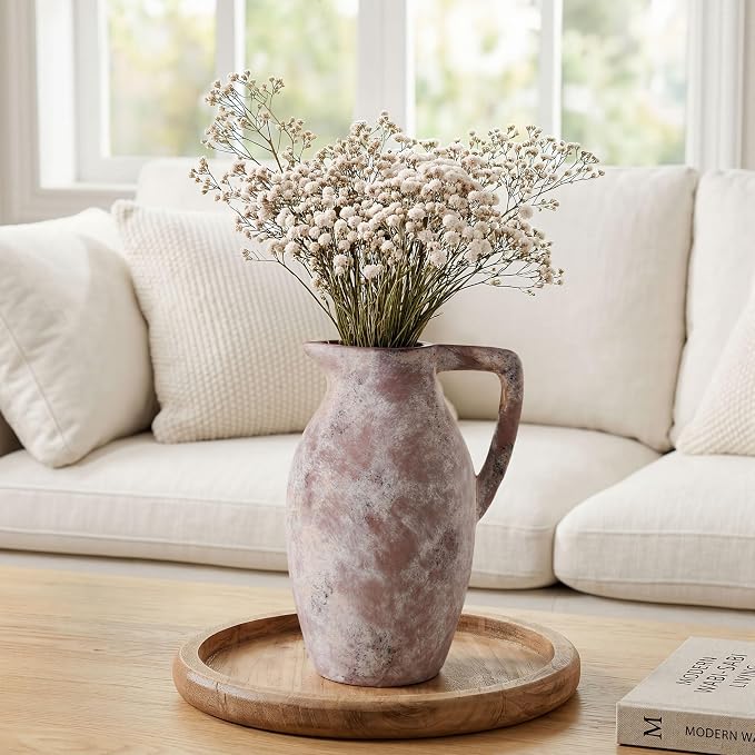 Ceramic Flower Vase with Handle, 9.65 inch Tall Ceramic Vase Home Decor Farmhouse Vases Terracotta Table Vases for Living Room Bathroom Modern Coffee Table Centerpieces Bookshelf Kitchen Fireplace