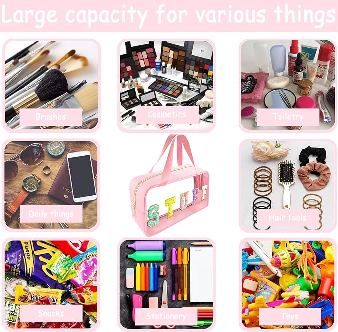 Chenille Letter Clear Makeup Bag Stuff Patch, Travel Toiletry Makeup Bag with Handle, Nylon Waterproof Makeup Bags clear cosmetic bag, preppy patch makeup bag for Women (STUFF-Pink)