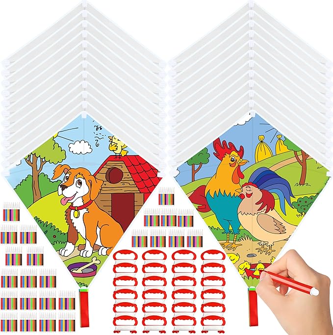 Mototo 24 Pack DIY Blank Kite Bulk White Beach Kite Making Kit Decorating Coloring Painting with 24 Packs Watercolor Pens and 164 feet String for Adults Kids Outdoor Park Beach Grassland Activities