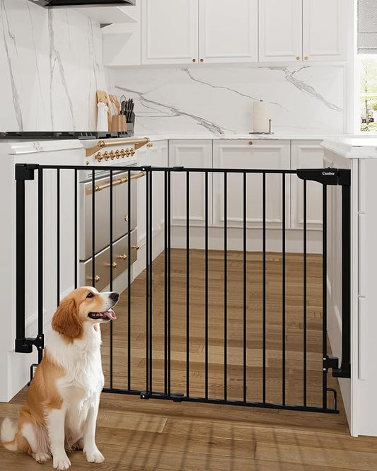 Cumbor 34" Extra Tall No Bottom Bar Baby Gate for Stairs, Hardware Mounted Dog Gate Indoor for Larger Pets, Expandable 31.6-48" Safety Gate for Doorways, Wide Walk Thru Door for Easy Access (Black)