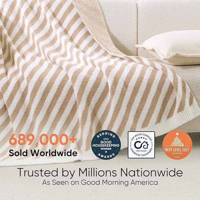 Snuggle Sac Ultra Soft Throw Blanket, Beige, 50"x60" | Reversible, Cozy Knitted, Fuzzy Knit Striped, For Couch, Sofa, Bed, Home Decor