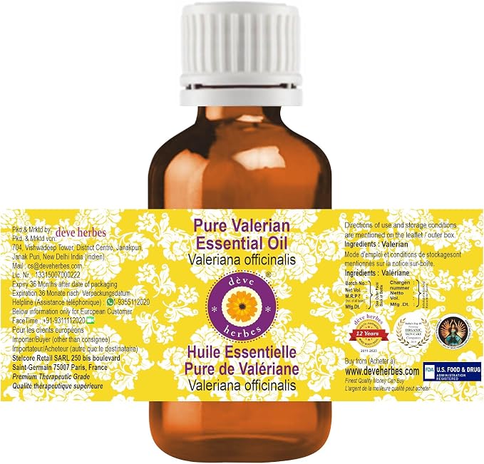 Deve Herbes Pure Valerian Essential Oil (Valeriana officinalis) Steam Distilled 15ml (0.50 oz)
