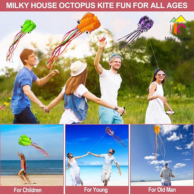 3 Pack Octopus Kite - 3D Beach Kites for People & Kids (Blue, Green, Red) - Easy to Fly, Kite Kit with 100M String