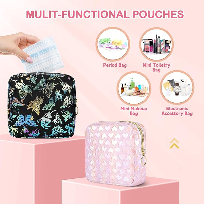 Likesing Period Bag Pouch, Leather Sanitary Napkin Storage Bag for Girls Womens, Portable Sanitary Napkin Period Pad Pouch Bag for Purse (Black-Dancing Butterfly)