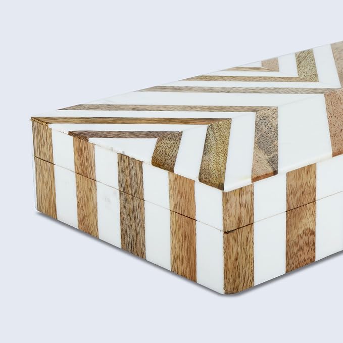 Handicrafts Home Large Decorative Storage Box with Lid Wooden Decorative Box Coffee Table Storage Box Living Room Organizer – Resin Inlay Marquet Chevron Collection - 12x6x2