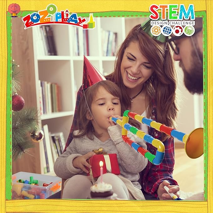 ZOZOPLAY STEM Toys Tube Locks, 72 Piece Tubular Pipes & Spouts & Joints & Whistles & Trumpet Toy, Learning Educational Building Block Set with Whistles Gift for Boys Girls