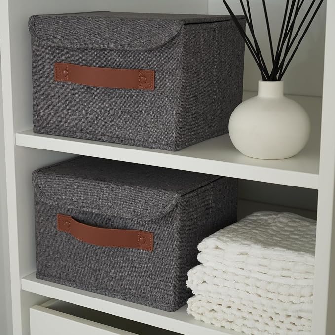 Decorative Linen Storage Boxes with Lids - Spacious Set of 2 Organizer Bins | The Perfect Small Container for Home Decor - Safely Store Photos, Documents and Memory Box Keepsakes in Style