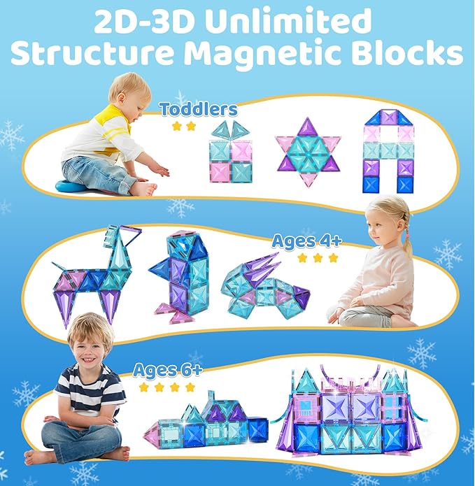 130PCS Magnetic Tiles, 3D Diamond Magnetic Blocks, Magnet Tiles for Kids Age 3-5 4-8 8-12, STEM Sensory Educational Magnet Toys for Kids Girls Boys Birthday Xmas Gifts