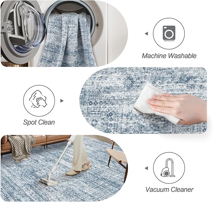 Soalmost Washable Area Rug 8x10 Large Soft Blue Rugs for Living Room | Vintage Non-Slip Carpet for Dining Bedroom, Stain Resistant Low Pile Foldable Lightweight Floor Mat Under Table Home Decor