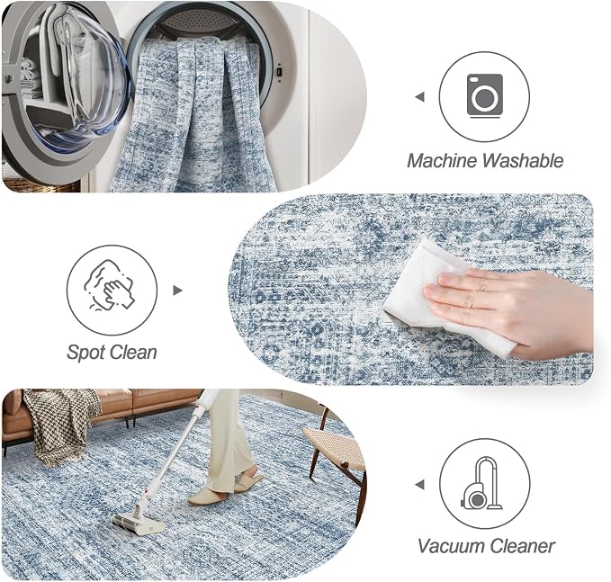 Soalmost 9x12 Area Rugs for Living Room Washable Rug Non-Slip Blue | Large Vintage Stain Resistant Carpet for Dining Bedroom, Low Pile Lightweight Foldable Floor Mat Nursery Home Office Decor