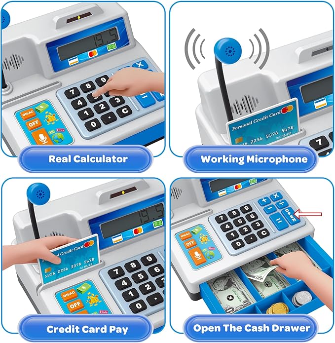 Calculator Cash Register Toy Gift for Kids Age 3, 4, 5, 6, 7, 8+ Year Old, 103 Pcs Grocery Store Playset with Microphone, Credit Card, Cash Register for Toddlers Kids 4-8