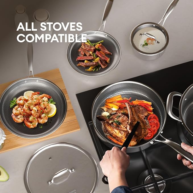 COOKER KING 11 Pcs Pots and Pans Set，Hybrid Stainless Steel Cookware Set | Non Stick, Non Toxic, PFOA Free, Oven Safe, Dishwasher Safe, Induction Compatible