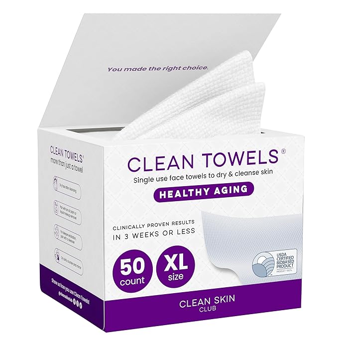 CLEAN SKIN CLUB Healthy Aging Clean Towels® XL, Smooths Fine Lines Wrinkles & Texture, Disposable Face Dry Wipes, XL - 1 Pack (50 count)