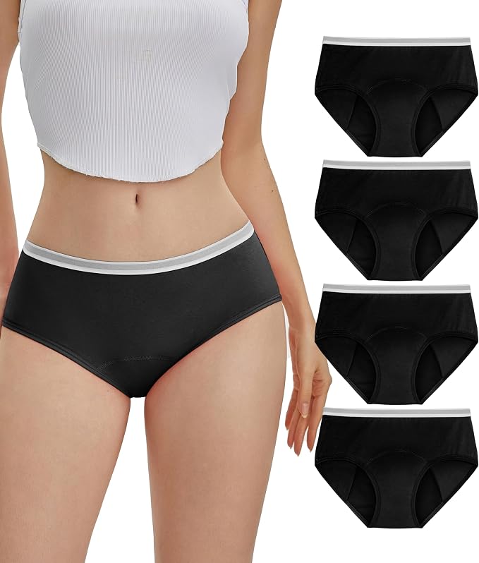 YESWEL Teen Girls Period Underwear, Menstrual Leak-Proof Heavy Flow Absorbency Washable Protective Cotton Panties 4 Pack