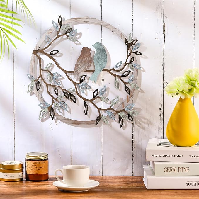 Ferraycle Metal Wall Art Bird on Tree Branch Silhouette Bird Hanging Ornament Porch Wall Decor for Living Room Outdoor Garden Bedroom Office Housewarming Party Decoration(Fresh Color)