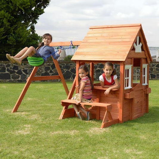 Sportspower Swing and Play Wooden Playhouse for Kids, Outdoor Backyard Playhouse with Swing, Picnic Bench, Working Door, Flower Boxes & Wooden Roof, Ages 3–8