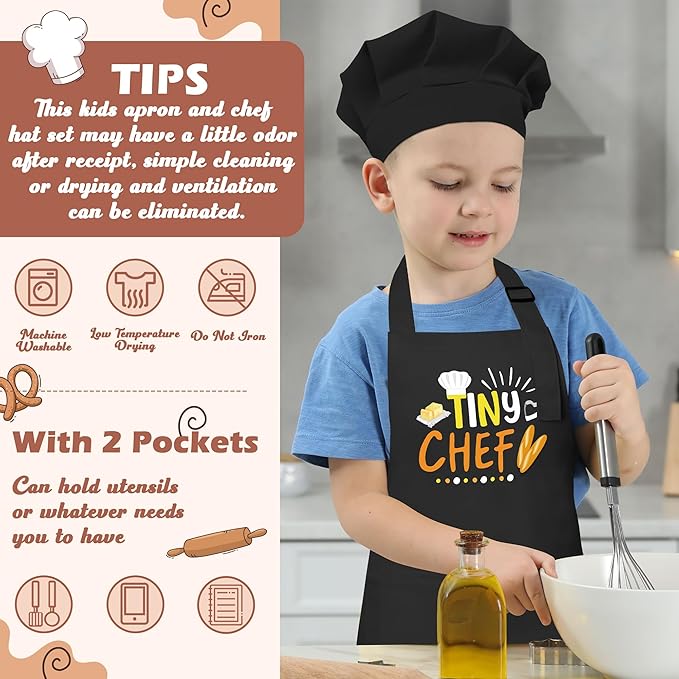 R HORSE Kid Apron and Chef Hat Set - 2Pcs Black Tiny Chef Adjustable Children Kitchen Toddler Apron with Pockets for Kids, Funny Dress up Pretend Play Toy Birthday Gift for Boy Cooking Baking Painting