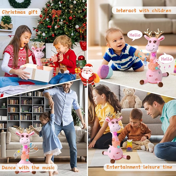 LUKETURE Dancing Talking Singing Pink Giraffe Stuffed Plush with Golden Antlers,Interactive Stuffed Animal Toy, Musical Plush with Record & Repeat, Sings 10 Songs, LED Lights