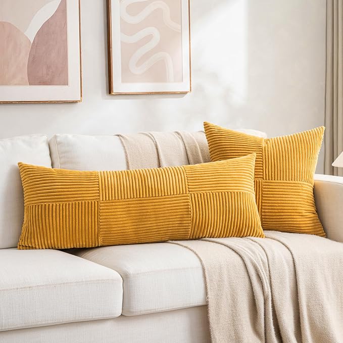 Fancy Homi Set of 2 Gold Yellow Boho Long Lumbar Body Decorative Throw Pillow Cover 14x36 Inch for Bed Couch Bedroom Bench, Soft Patchwork Corduroy Textured Pillow Case, Rustic Farmhouse Room Décor