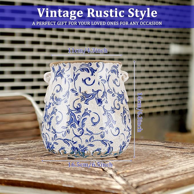 Ceramic Scroll Planter 6.5 Inch Chinoiserie Floral Vase with Drainage Holes Vintage Flower Vase Flower Pot Rustic Ceramic Pots for Indoor Plants Garden Home Bookshelf Decor(Blue Floral)