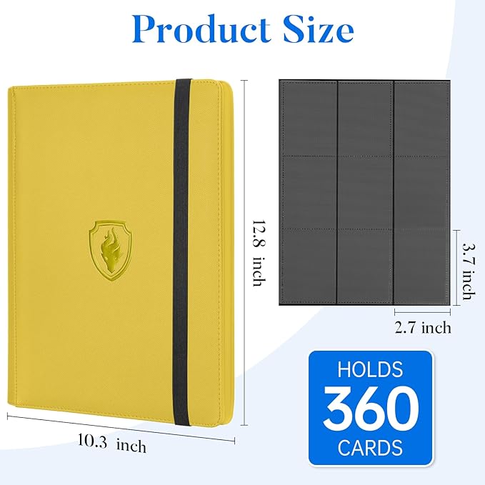 Premium 9 Pocket Card Binder for 360 Cards, Fabmaker PU Cover Trading Card Binder, Sturdy Card Collection Album, Sleek Card Holder Folders for Game Cards & Sports Cards, Yellow