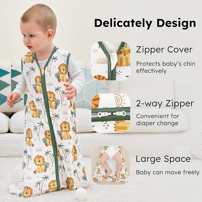 Baby Sleep Sack 0-6 months, 100% Cotton Sleeping Sack for Newborn and Infant, 3 Pack Baby Wearable Blanket, 0.5 Tog Lightweight Double Zipper Sleep Bag Small Brown Green Lion