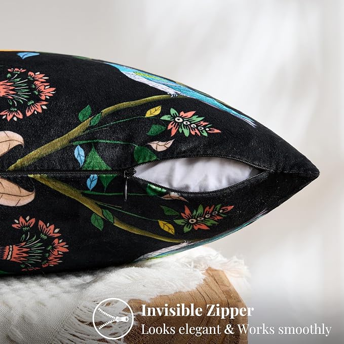 MUSSEL Black Floral Vintage Decorative Pillow Covers 18x18 Set of 2 | Soft Velvet,Wild Flower Plant,Throw Pillows Case,Square,Colorful Farmhouse Cushion Covers,Home Sofa Bed Couch Decor