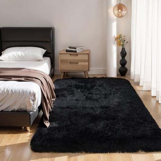 4x6 Thick Black Fluffy Shag Rug for Bedroom, Plush Washable Carpet | Area Rug for Living Room, Nursery, Dorm, Playroom, Non Slip Shaggy Floor Carpet