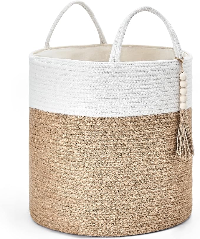 Mkono Woven Storage Basket for Blanket, Toys Plant Organizer, 15"W x 17.7"L | Cream White and Brown, Decorative Basket with Handle, Wood Beads Tassel, Shoes Towel Storage Bin, Living Room Bedroom Nursery