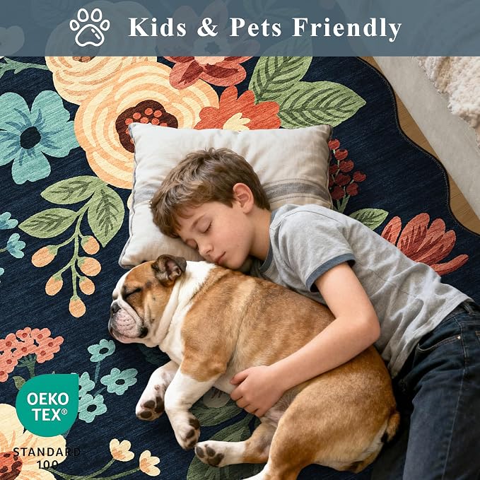 DUKINO 2.6x8 Runner Rug, Floral Washable Kitchens Rugs Non Slip, Navy Blue | Low Pile, Stain Resistant, Soft Throw Carpet Runner for Hallway, Entryway, Bedroom, Bathroom, Pet Friendly, Modern Home Decor