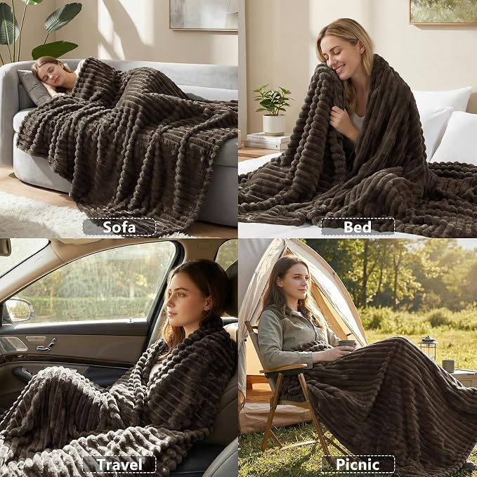 HIMEET Brown Queen Size Blanket for Bed, 300GSM Ribbed Fleece, 90 x 90 in | Ultra Soft Flannel, All-Season Lightweight Warmth, Cozy Bed Coverage & Bedroom Decor, Gift for Men & Women, Machine Washable