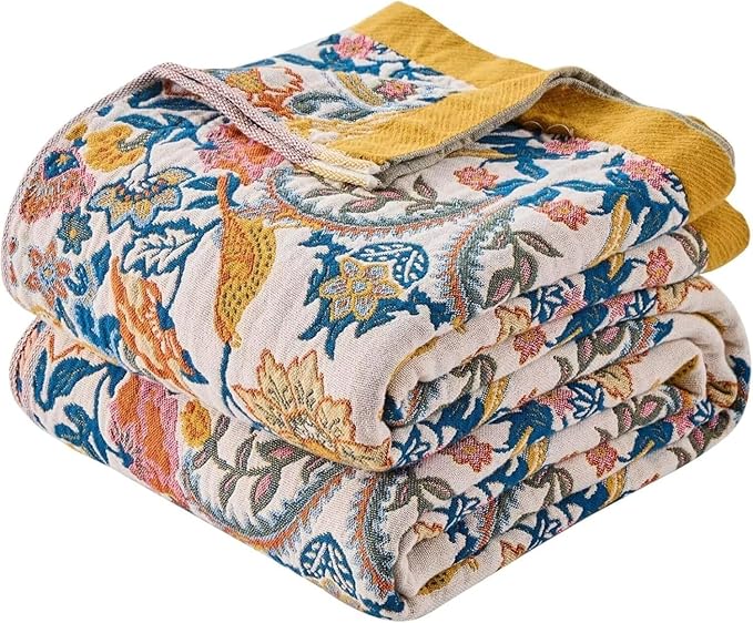 Boho Throw Blanket Farmhouse Decor Throw Blanket Bohemian Blanket for Bed 100% Cotton Muslin Woven Couch Blanket All Seasons Quilt Bedroom (A-Whiite, 90"x98")