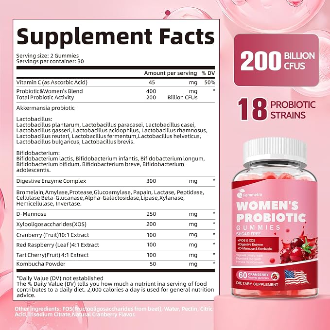 Debloat Gummies- Prebiotic and Probiotic for Women, 60 Count | 200 Billion CFU, 18-in-1 digestive & gut health gummies, daily vaginal & urinary support, sugar-free cranberry flavor
