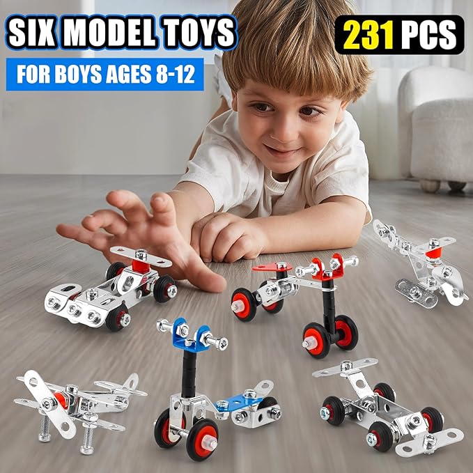 Erector Set Metal Transportation Toys,231 Pcs Cars, Airplane&Bicycle 6 Metal Model Set,Building Kits for Boys 8-12,Stem Project Building Assembly Vehicles,Christmas Toddler Kids Boys Gifts
