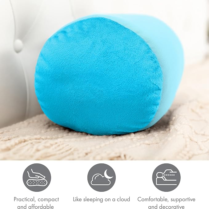PILLOWY Microbead Bolster Neck Roll Pillow, Gently On Body, Head, Neck & Shoulders No Pain Rest, Relax Sleep - Silky Feel Prevent Wrinkles & Hair Breakage - Lightweight Cylinder, 14" x 8", Aqua Green