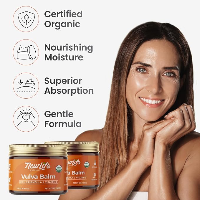 NewLife Naturals Certified Organic Vulva Balm with Calendula & Vitamin E Moisture Support - Itching, Irritation, and Dryness | Estrogen-Free Intimate Feminine Care | 2 Oz