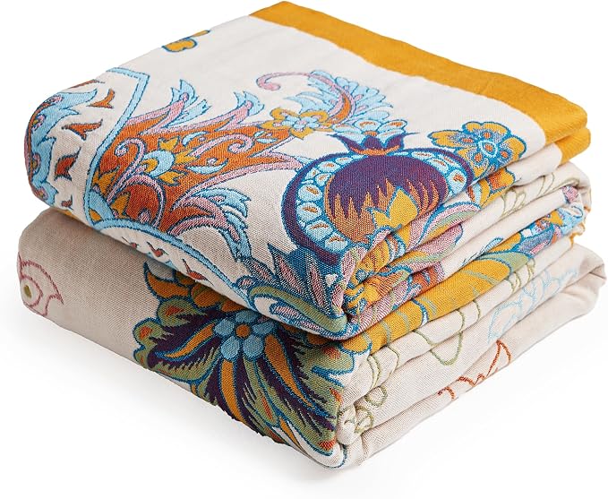 VANJOROY Boho Throw Blanket, 100% Organic Cotton Breathable Skin-Friendly Ultra Soft Bed Quilt Throw - All Season Floral Bird Farmhouse Décor Luxury Blanket for Sofa Couch Chair and Gift. 91" x 98"