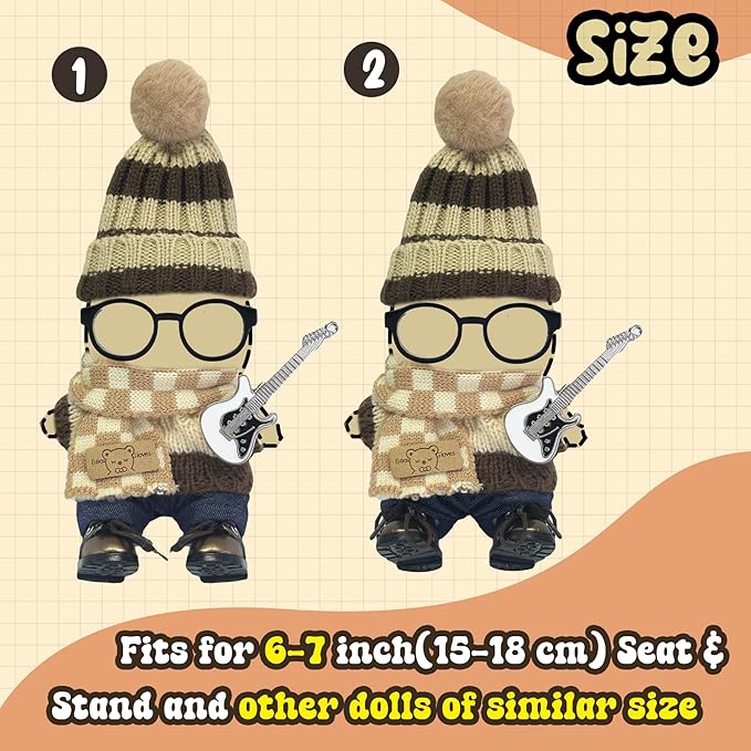 17cm Doll Clothes 7 PCs Accessories Outfits Brown Sweater Shoes Glasses Scarf Pants Knitted Beanie Guitar Clip Clothing Set for Keychain,No Doll(Guitar)