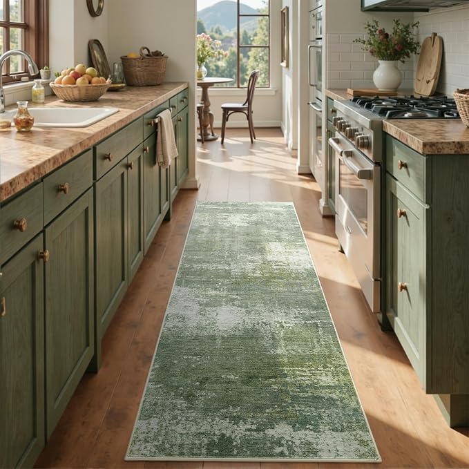 2x6 Ft Washable Runner Rug, Non-Slip Low Pile Hallway Kitchen Area Rug, Soft Long Entryway Floor Mat Abstract Pattern Carpet for Bedside & High-Traffic Areas (Green/White)