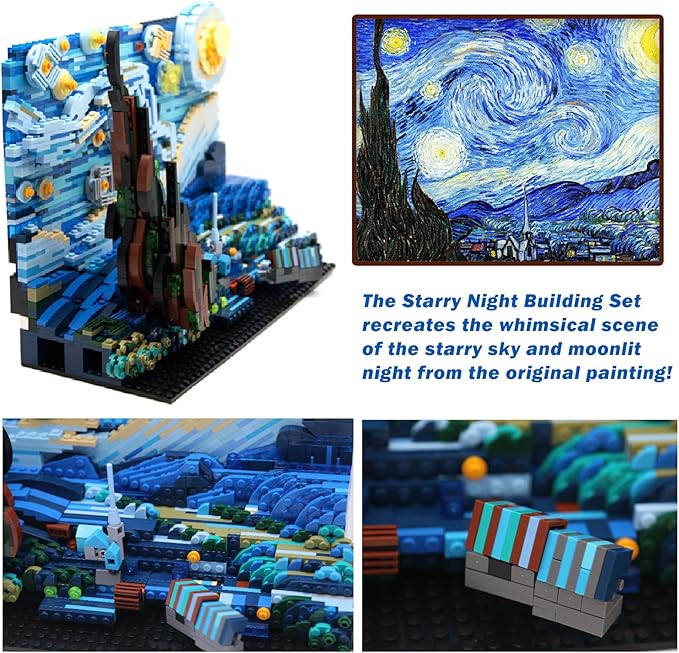 DIY Building Block Set(1830 PCS),The Starry Night Building Set for Children and Adults,Vincent Van Gogh Idea Building Kit,Educational Assemble 3D Scenario MOC Stacking Blocks