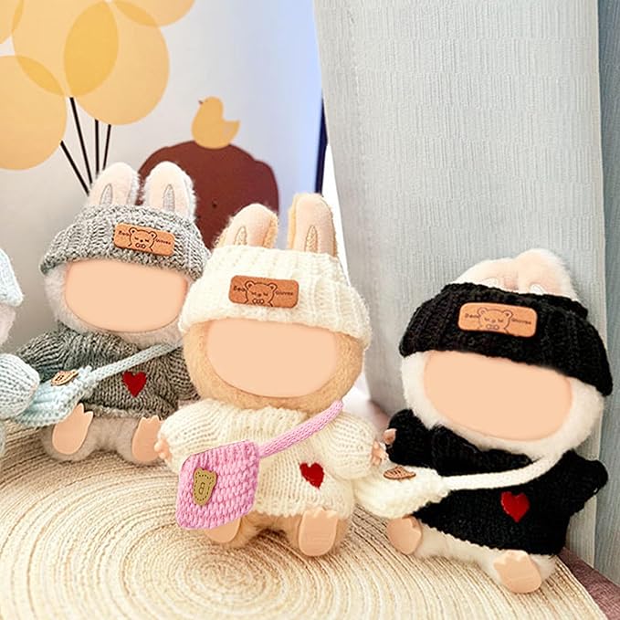 ebuddy 3 Sets Doll Clothes for 17cm Plush Doll-Knit Outfit Set Sweater Collection Heart Pattern Top + Hat + Crossbody Bag for 6.7" Dolls (Doll and Glasses Not Included)