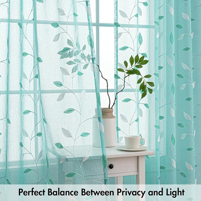 MIULEE Turquoise Sheer Curtains 2 Panels Embroidered Leaf Patterned Rod Pocket Floral Semi Sheer Faux Linen Window Curtains Drapes Set for Living Room Bedroom Dining Room, 52x63 Inches Long