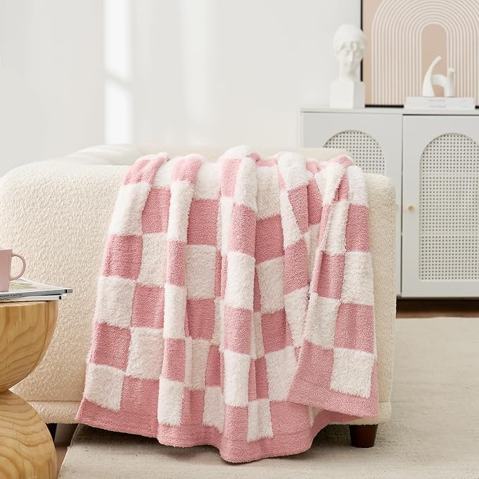 Snuggle Sac Pink Checkered Throw Blanket Faux Fur Microfiber Blankets for Couch,Cozy Soft Warm Blanket for Sofa Bedroom Living Room,Pink Checker,50x60 inches