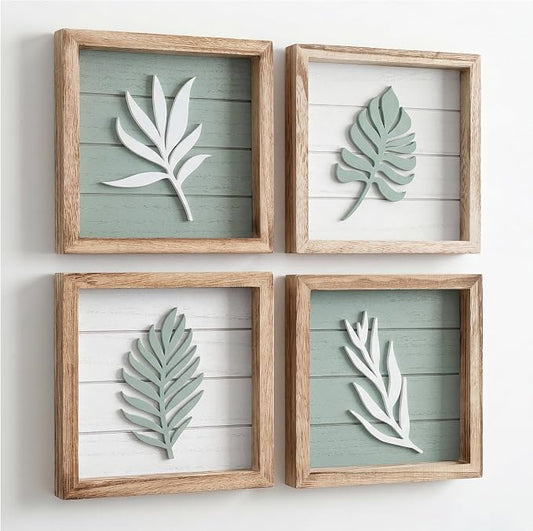 Tide and Tales 3d Sage Green Framed Wall Art, Set of 4, Bathroom Decor | 7" x 7", Lightweight Wood, Bathroom Wall Decor, Botanical Leaf Pictures for Bedroom, Office or Living Room, Hardware Included