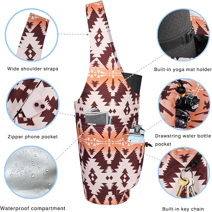 Yoga Mat Bag - Large Opening Long Tote Yoga Mat Carrier Holder Bag with Waterproof Wet Zipper Pocket and Drawstring Water Bottle Pocket - Yoga Bag Fit Most Size Mats