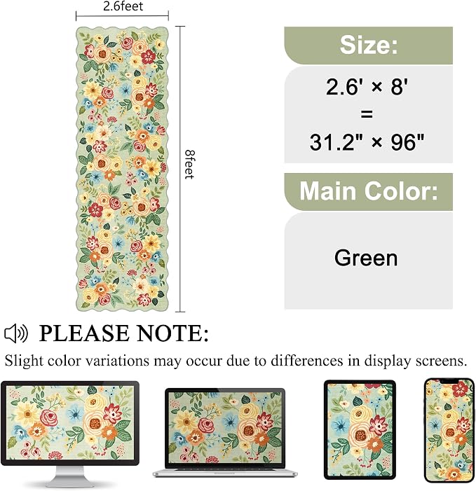 DUKINO 2.6x8 Runner Rug, Floral Washable Kitchen Rugs Non Slip, Green | Low Pile, Stain Resistant, Soft Throw Carpet Runner for Hallway, Entryway, Bedroom, Bathroom, Pet Friendly, Modern Home Decor