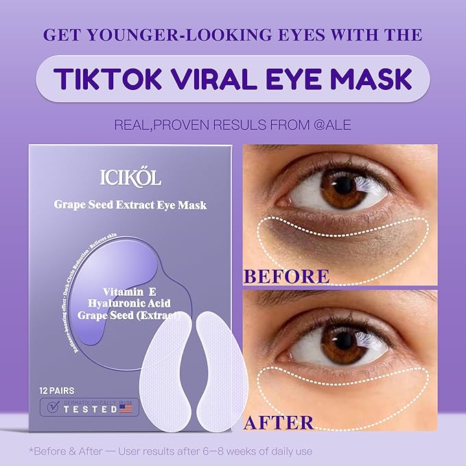 Grape Seed Collagen Under Eye Patches, Eye Mask for Puffy Eyes and Dark Circles, Deep Hydrating Under Eye Mask Patches for Eye Bags Treatment, Under-eye Skincare Boost Radiance (12 pairs)